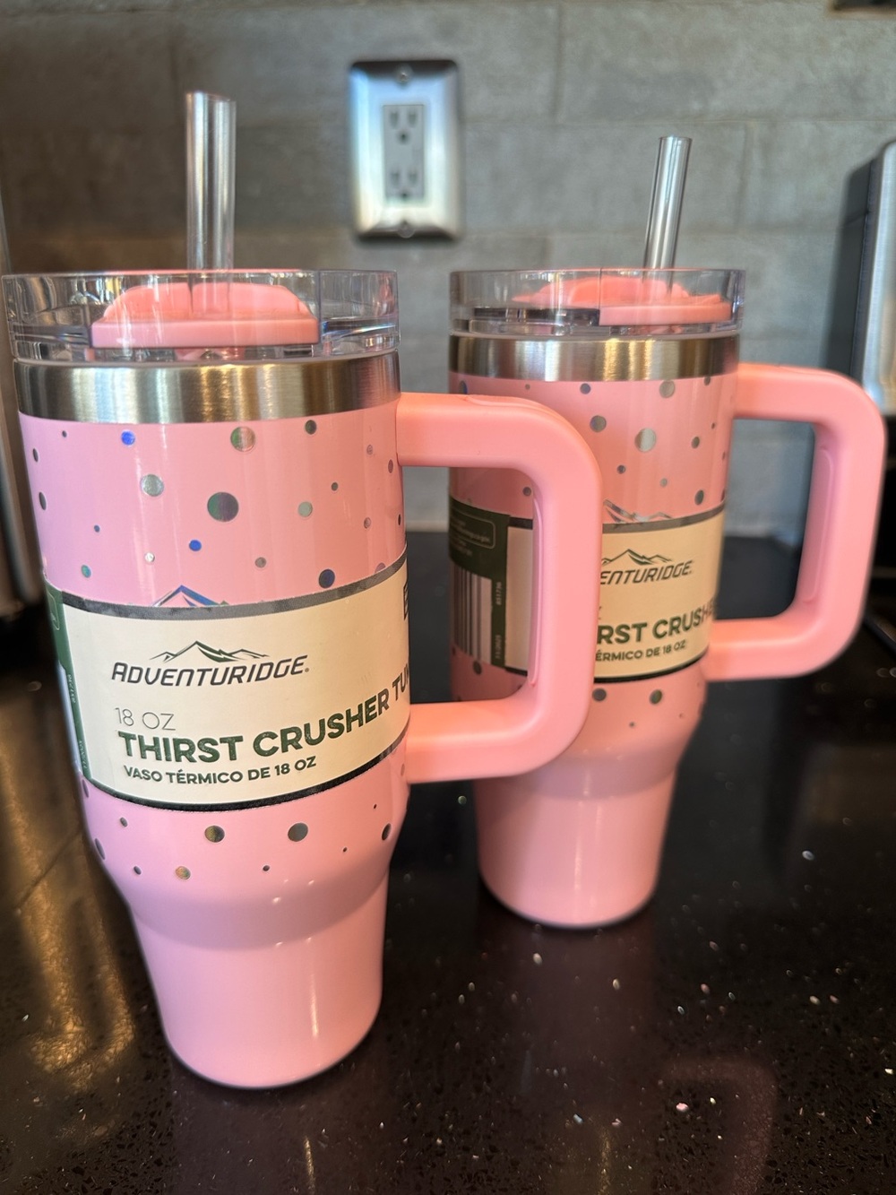 NWT 2 of Adventuridge SS 18 Oz Thirst Crusher Tumblers in Pink with Silver Dots